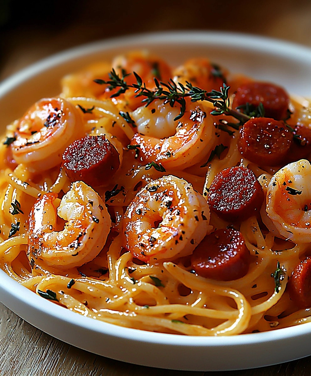 Spaghetti crème poivron chorizo crevettes
