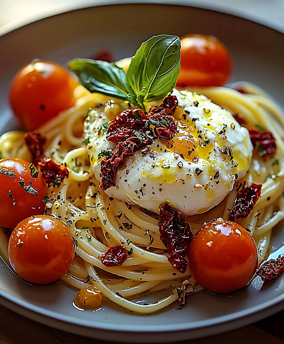 Pâtes burrata tomates confites