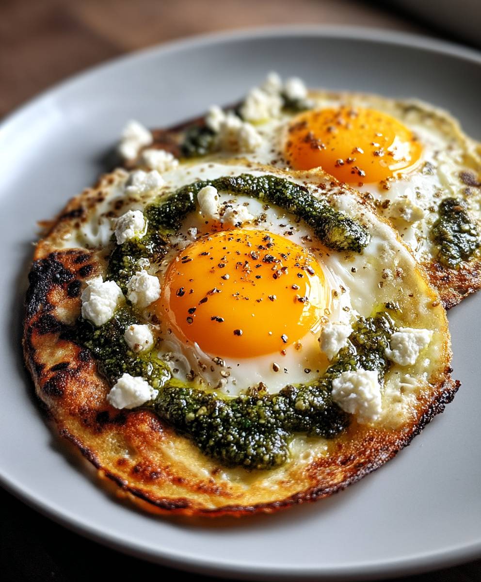 Oeufs frits feta pesto