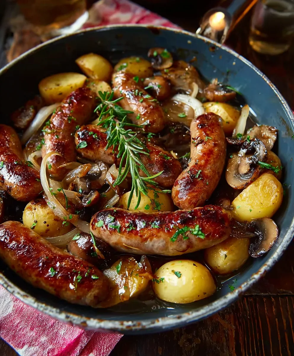 Saucisses Beef, Champignons & Pommes de Terre au Four Facile
